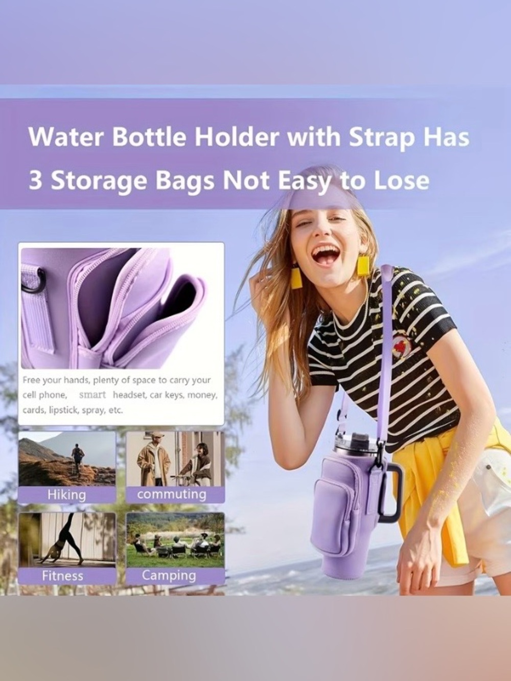 Water Bottle Carrier with Crossbody Strap and Zippered Pockets - Picture 8 of 10